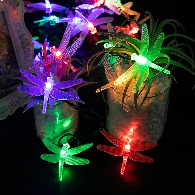 Dragonfly Solar String Lights Outdoor 25.6FT 30 LED Waterproof Solar Powered Fairy Lights, 8 Modes Decorative Lights for Patio Garden Yard Fence Wedding Christmas Party, Multicolor
