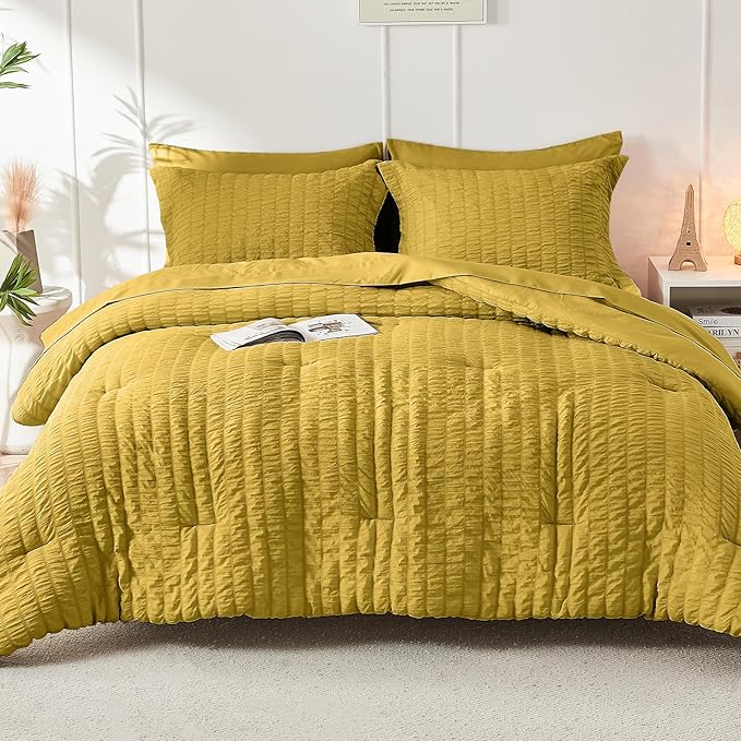 HYMOKEGE Mustard Yellow Queen Comforter Set Seersucker 7 Pieces, All Season Luxury Bed in a Bag Queen for Bedroom, Bedding Set with Comforter, Sheets, Pillowcases & Shams