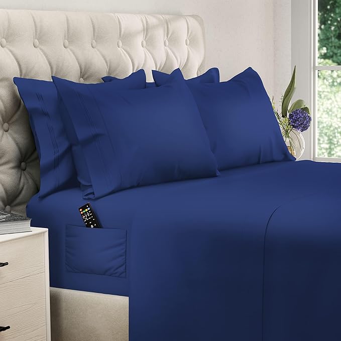 DREAMCARE King Size Sheets Set – 6 pcs Cooling Bed Sheets – up to 15” Deep Pocket King Sheet Set – 2500 Supreme Collection – Extra Soft 100% Brushed Microfiber Hotel Luxury with Side Pocket – N Blue