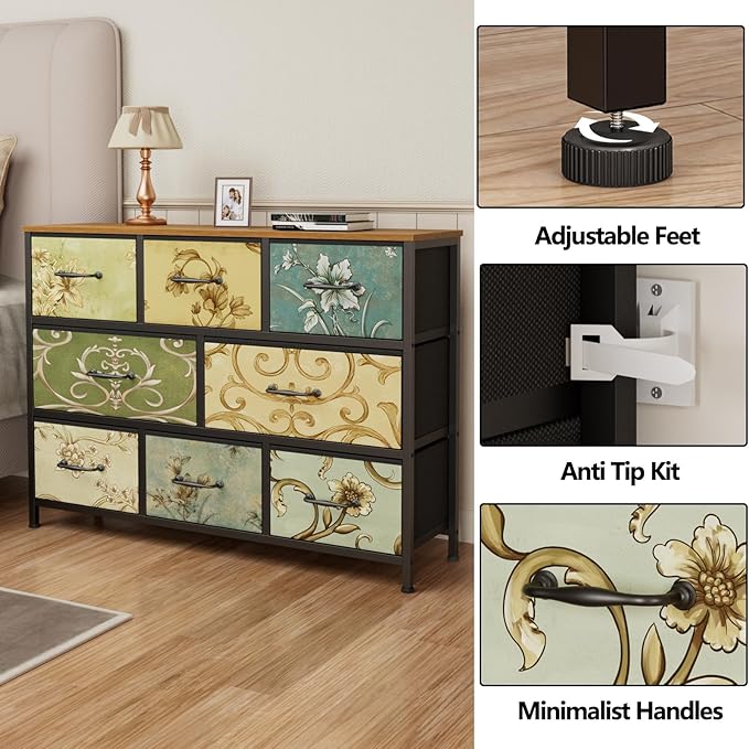 Furnulem 8 Drawer Dresser, Wide Fabric Chest of Drawers, Vintage Furniture for Bedroom, Living Room, Hallway, Closet Clothes Storage, Wooden Top