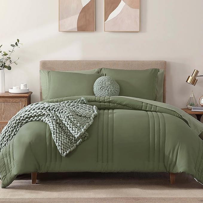 Monbix Queen Comforter Set - 7 Pieces Light Sage Green Bed in a Bag Queen Bedding Sets with Comforters, All Seasons Down Alternative Comforter Bed Set with Sheets, Pillowcases & Shams