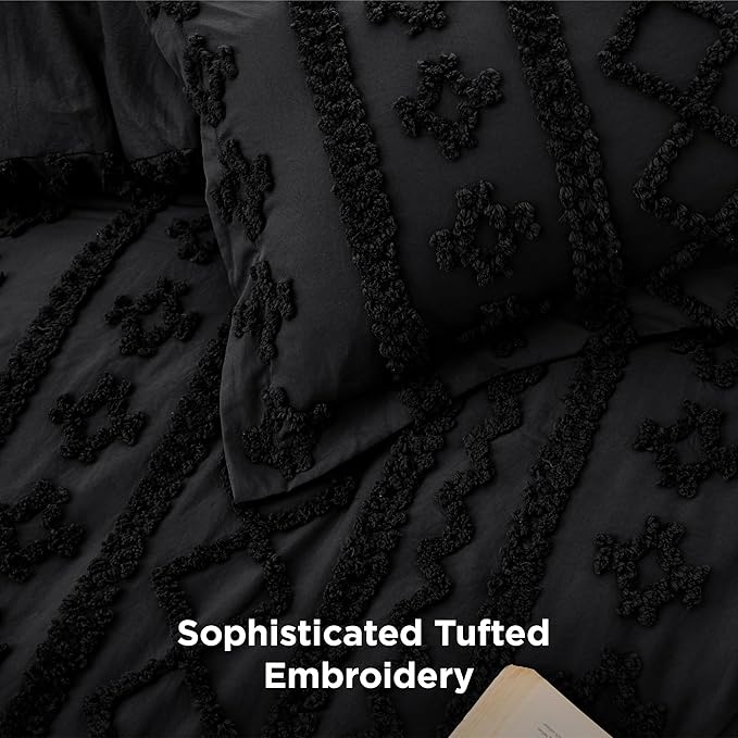 Bedsure Tufted Boho Comforter Set Twin Size - Black Boho Bed Set, GentleSoft™ 2 Pieces Farmhouse Shabby Chic Embroidery Bedding, Gifts for Woman, Soft Jacquard Twin Comforter for All Seasons