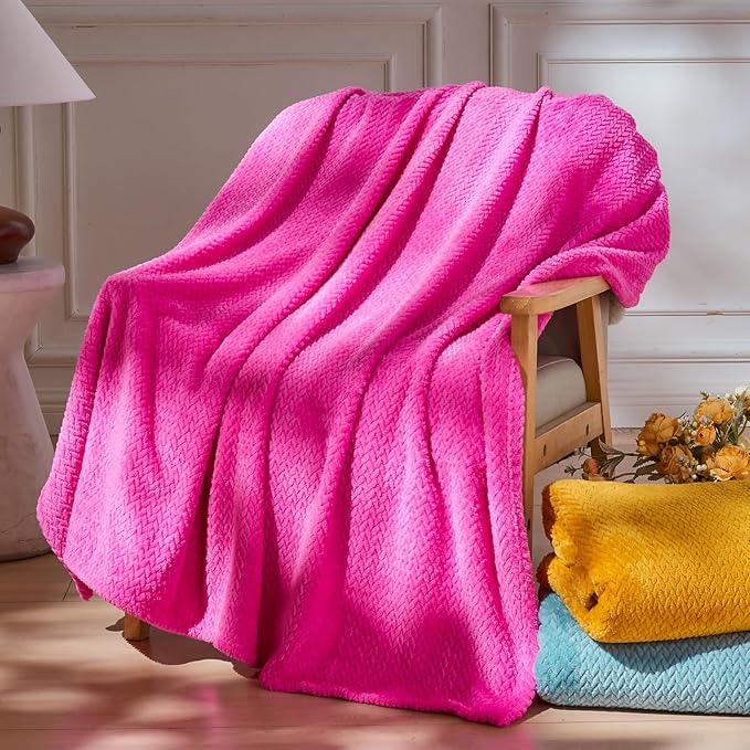 NEWCOSPLAY Super Soft King Blanket Hot Pink Premium Silky Flannel Fleece Leaves Pattern Lightweight Bed Blanket All Season Use (Hot Pink, King(90"x110"))
