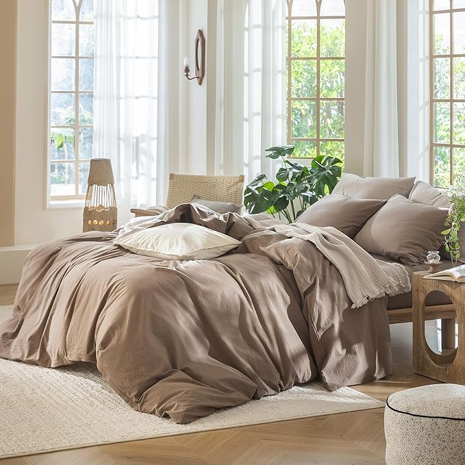 MooMee Bedding Duvet Cover Set 100% Washed Cotton Linen Like Textured Breathable Durable Soft Comfy (Solid Brown, King 104"x90")
