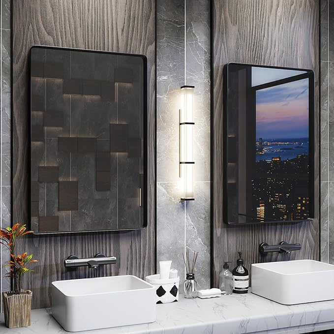 ISKM Black Metal Frame Wall Mirror for Bathroom 22" x 30" Rounded Corner Rectangle Mirror Bedroom Vanity Mirrors Wall Mounted Tempered Glass