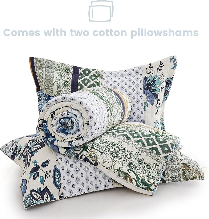 Secgo King Size Comforter Set- 100% Cotton Quilt King Size Set, Green, Sage bedspreads (98 * 106 Inch) with 2 Pillow Shams, Patchwork Reversible Lightweight Bedding