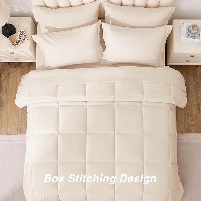 Love's cabin California King Comforter Set Beige, 7 Pieces California King Bed in a Bag, All Season Bedding Sets with 1 Comforter, 1 Flat Sheet, 1 Fitted Sheet, 2 Pillowcase and 2 Pillow Sham