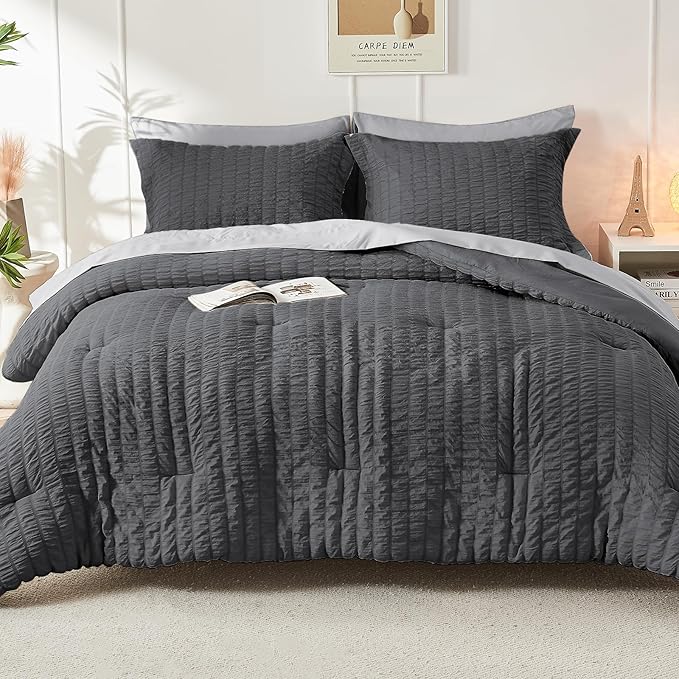 HYMOKEGE Dark Grey/Light Grey Twin XL Comforter Set Seersucker 5 Pieces, All Season Luxury Bed in a Bag for Bedroom, Bedding Set with Comforter, Sheets, Pillowcase & Sham