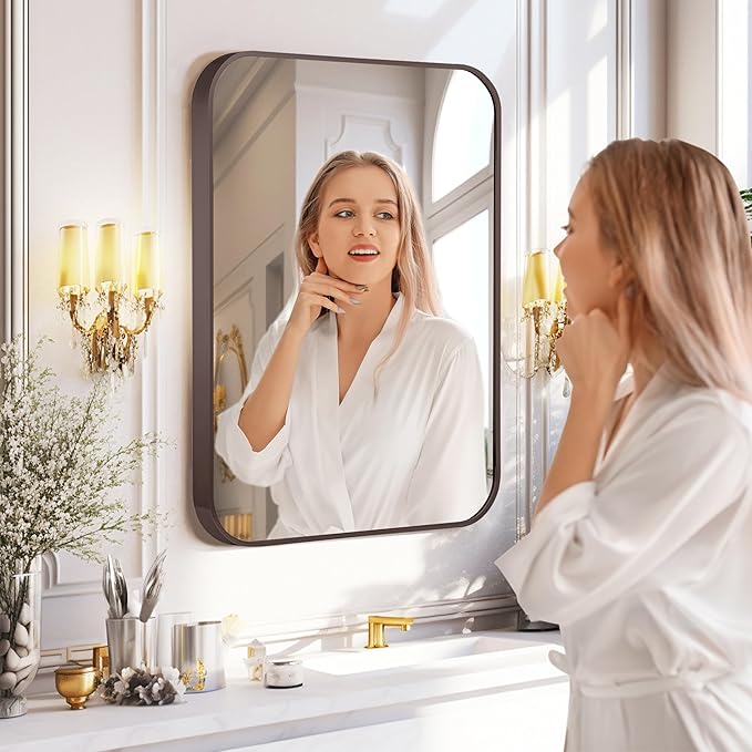 20"x30" Brushed Titanium Bathroom Mirror, Dark Grayish Brown Rounded Rectangle Wall Mirror with Metal Frame Hanging for Bathroom Entryway Vanity,Living Room,Bedroom,Vertical or Horizontal