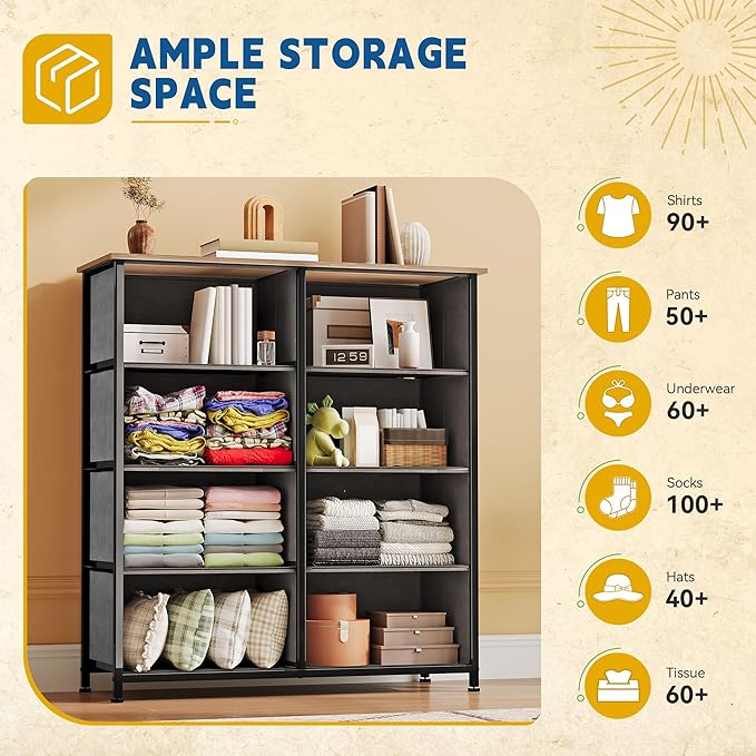 DWVO Dresser with 8 Drawers - Fabric Storage Tower, Organizer Unit for Bedroom, Hallway, Closets - Sturdy Steel Frame, Wooden Top & Easy Pull Fabric Bins (Burlywood Grain)