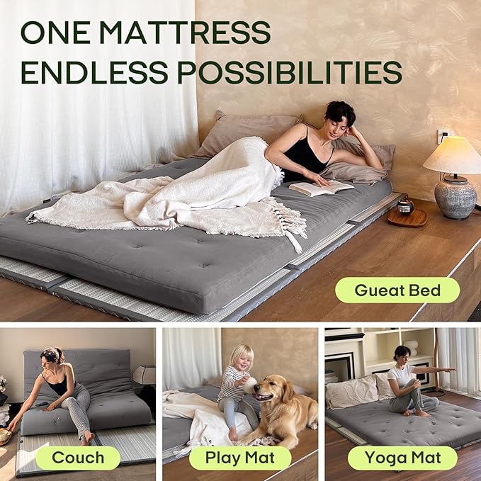 ZonLi Japanese Floor Futon Mattress Queen Size 80"x 60", 100% Cotton Cover 4'' Thicken Tatami Mattress, Foldable Sleeping Pad, Portable Dormitory Tatami Mat, Roll Up Floor Lounger Bed for Adult (Grey)