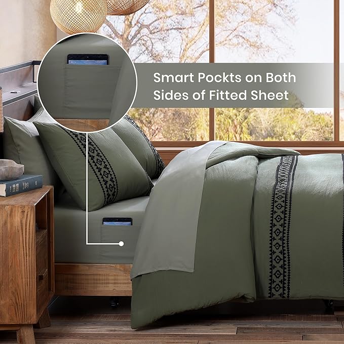 MaiRêve Olive Green Embroidery Comforter Sets Full Size - 7 Piece, Farmhouse Western Boho Comforter Set, All Season Bed in A Bag Full with Sheets, Pillowcases & Shams