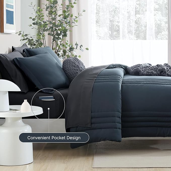 Monbix King Size Comforter Set - 7 Pieces Bed in a Bag King, Blue Gray Bedding Sets with Comforter, All Seasons Comforter Bed Set with Sheets, Pillowcases & Shams