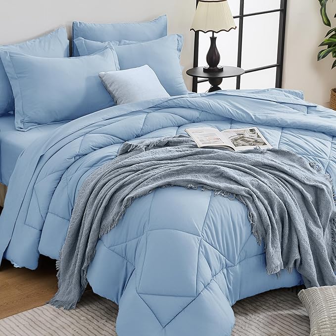 HEVUMYI Light Blue Twin Comforter Set - 5-Piece All Season Bed in a Bag Twin, Ultra Soft Bedding Set with Comforter, Flat Sheet, Fitted Sheet, Pillowcases, Pillow Shams