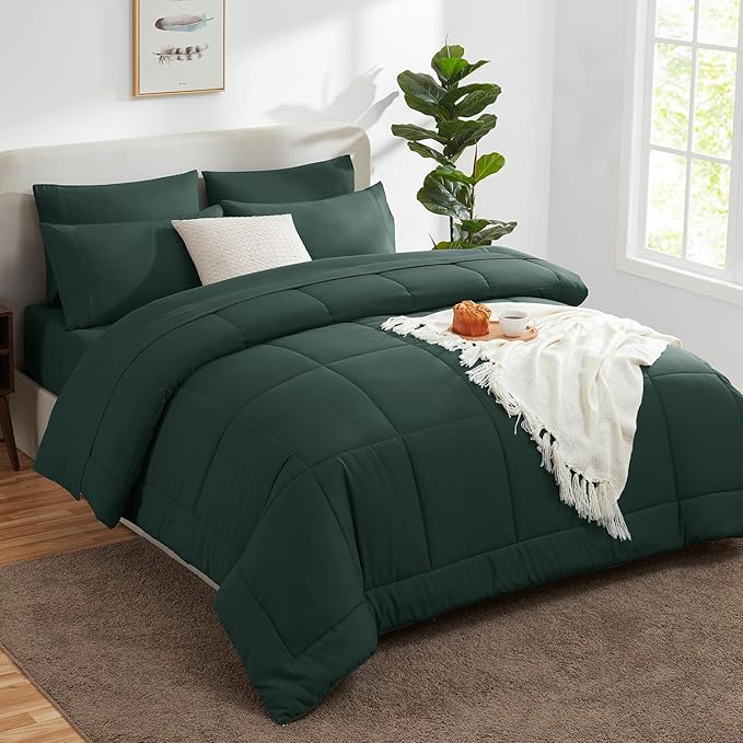 CozyLux King Size Comforter Set Forest Green, 7 Pieces Bed in a Bag, Green Comforter King Size, All Season Bedding Sets with Stitch Quilted Comforter, Flat Sheet, Fitted Sheet, Pillowcases