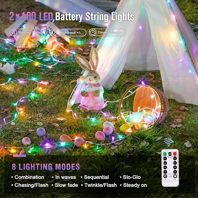 JMEXSUSS 2 Pack Easter Lights Battery Operated Outdoor Indoor, Total 66ft 200 LED Multicolor Easter String Lights for House Porch Yard Garden Tree Decorations