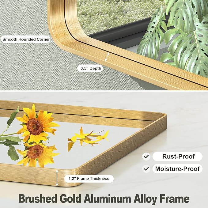 40x30 Inch Gold Framed Bathroom Mirror, Brushed Gold Metal Vanity Mirror, Gold Rectangle Mirror for Wall, Rounded Corner, Tempered Glass, Anti-Rust, Shatterproof (Horizontal/Vertical)