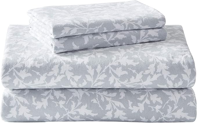 Laura Ashley - Flannel Sheets Queen Size, Anti-Pilling & Wrinkle Resistant Cotton, Touchably Soft for All-Season Comfort - Bed Sheets with Matching Pillowcases & Fitted Sheet (Crestwood Pastel Grey)