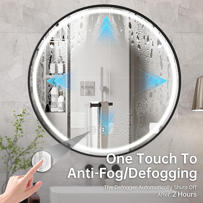 24 Inch Round Bathroom Mirror with Lights, Black Metal Framed Frontlit Circle Mirrors for Wall, Led Light Mirror with Anti-Fog, Memory Function, 3 Color Temperature, Dimmable Makeup Mirror