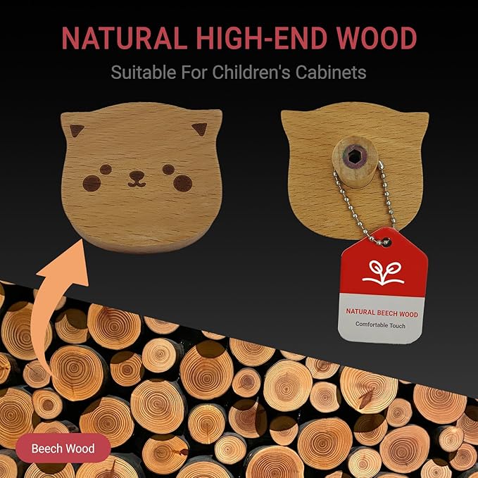 4PCS Wooden Cat Shaped Cabinet Knobs, Cabinet Handles, Single Hole Beech Wood Handles, Wood Hooks with Full Set of Screw Accessories