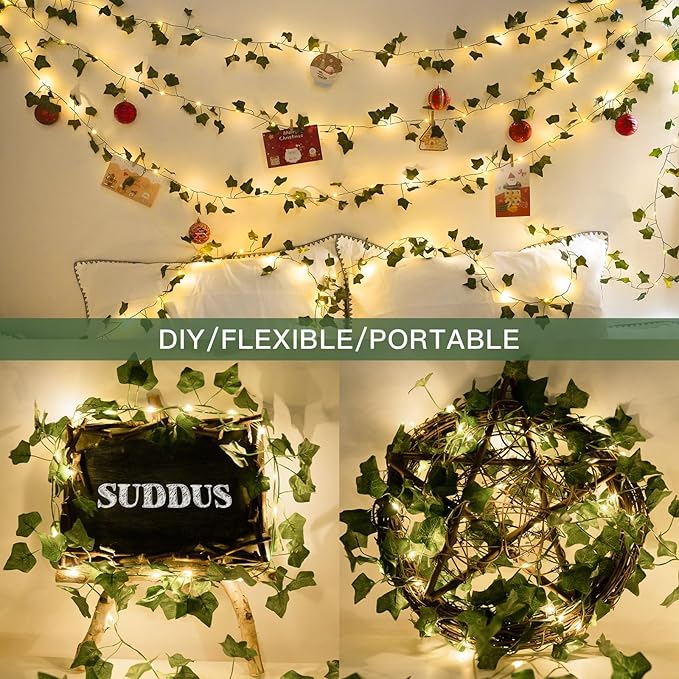 suddus Vine with Fairy Lights Battery Operated, 33ft 100 LED Ivy String Lights with Remote, Leaf Lights for Bedroom, Room, Wall, Garden, Party, Wedding Decor (Warm White)