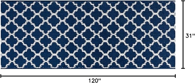 Custom Size Cut to Length Moroccan Trellis Design Runner Rug Mat For Wide Long Hallways with Non-Slip Rubber Backing, Better Traction for Pets, Prevent Slippage, Trellis Navy Blue, 31 inch X 10 feet