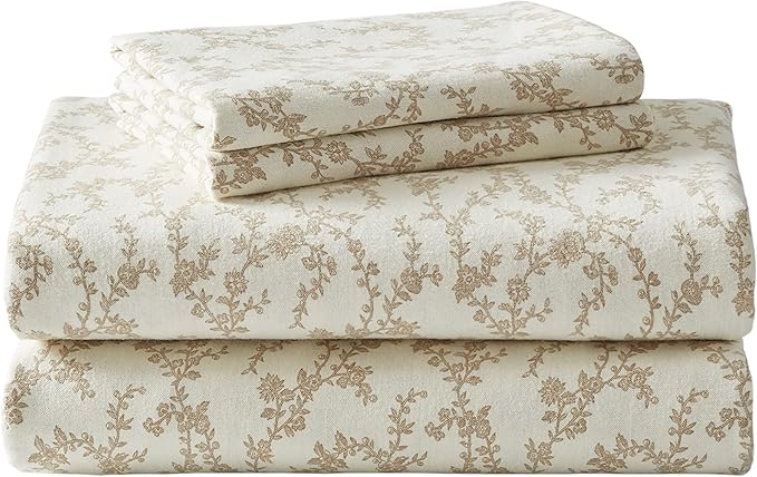 Laura Ashley - Flannel Sheets Twin Size, Anti-Pilling & Wrinkle Resistant Cotton, Touchably Soft for All-Season Comfort - Bed Sheets with Matching Pillowcase & Fitted Sheet (Victoria Beige)