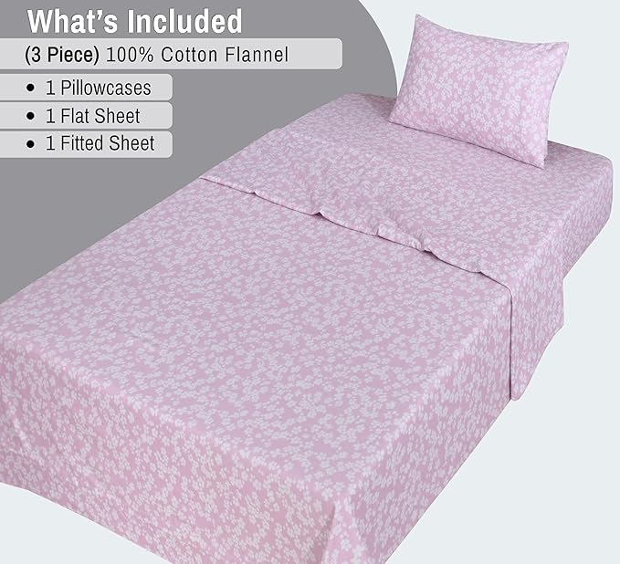 RUVANTI Flannel Sheets Twin XL Size - 100% Cotton Double Brushed Twin XL Sheet Sets, Deep Pockets 16 Inches, All Seasons Breathable & Extra Soft Bed Sheets, Warm & Cozy, 3 Piece, Pink Flora