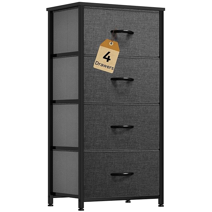DWVO Storage Tower with 4 Drawers - Fabric Dresser, Organizer Unit for Bedroom, Living Room, Closets - Sturdy Steel Frame, Easy Pull Fabric Bins & Wooden Top