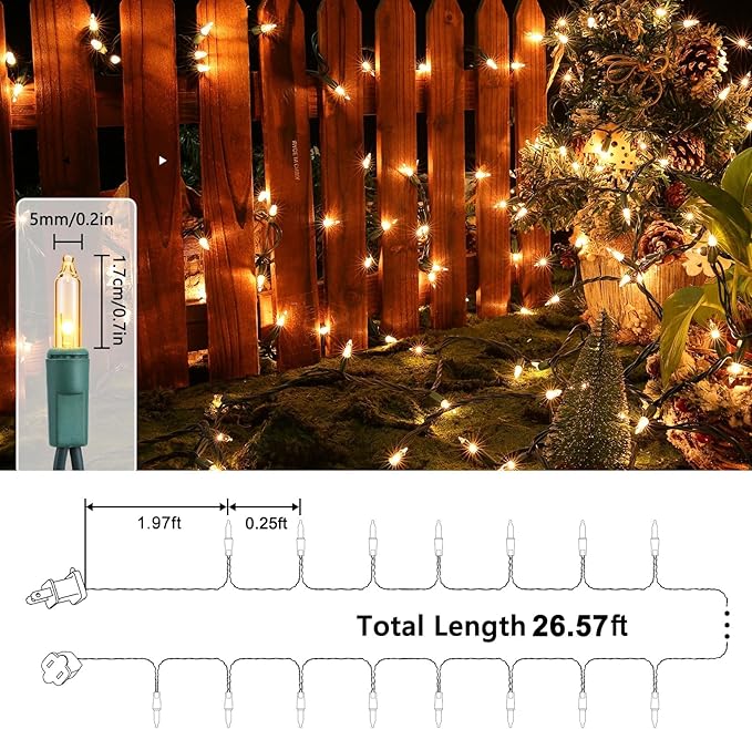 Toodour Clear Christmas Lights, 25ft 100 Count Incandescent Indoor Outdoor String Lights, UL Certified Connectable Green Wire Mini Bulb Light for Home, Party, New Year, Xmas Tree Decor - Warm White