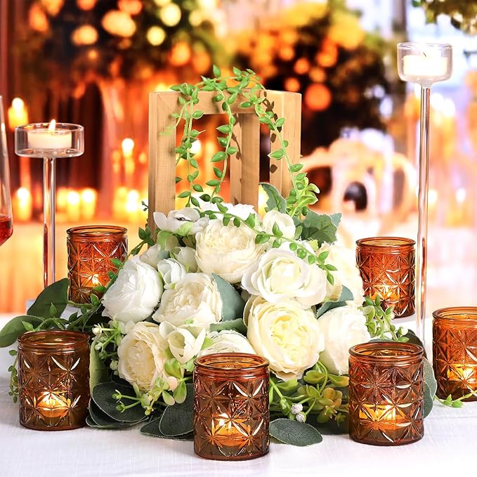 12 Pack Vintage Amber Votive Candle Holders, Glass Candle Holders for Wedding Table Centerpiece, Small Tealight Candle Holder for Home Decor, Tea Lights Candle Holder for Party, Boho Fall Decor