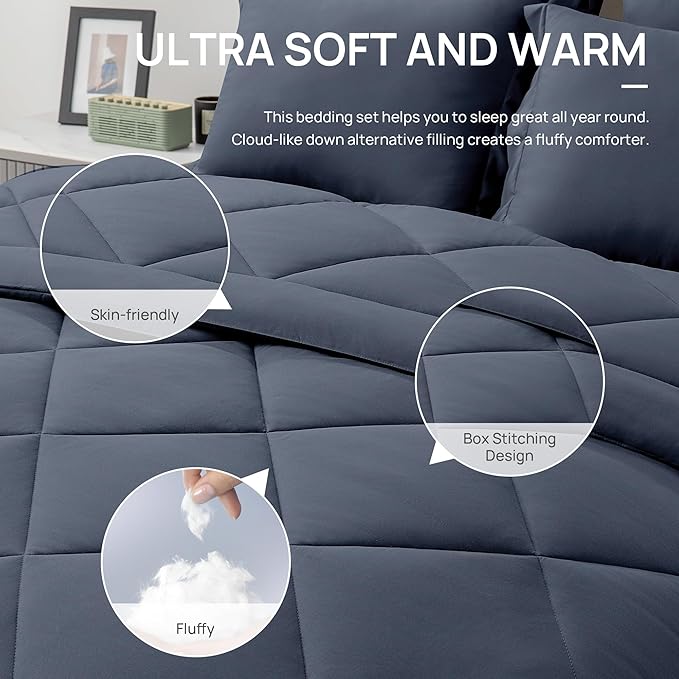 Love's cabin Twin Comforter Set Navy Blue, 5 Pieces Twin Bed in a Bag, All Season Bedding Sets with 1 Comforter, 1 Flat Sheet, 1 Fitted Sheet, 1 Pillowcase and 1 Pillow Sham
