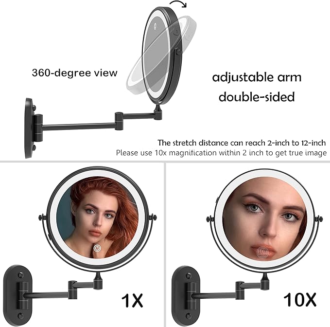 Ruacq Rechargeable Makeup Mirror Matte Black Double Sided Vanity Mirror with Lights Round 1x/10x Magnification 8 Inch Led Magnifying Mirror Stainless Steel and Zinc Alloy Modern Wall Mounted