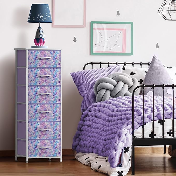 Sorbus Fabric Dresser for Kids Bedroom - Chest of 6 Drawers, Tall Storage Tower, Clothing Organizer, for Closet, for Playroom, for Nursery, Steel Frame, Fabric Bins - Wood Handle (Tie Dye Purple)