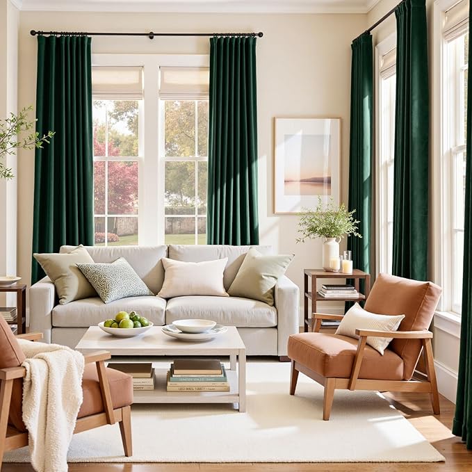 Lazzzy Velvet Blackout Curtains Thermal Insulated Room Window Drapes Super Soft Luxury Curtains for Living Room Bedroom Rod Pocket 2 Panels, Emerald Green, 52" W x 108" L