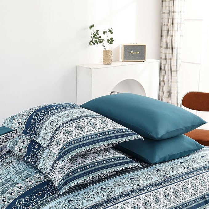 Boho Comforter Set King Size 8 Pieces, Teal Blue Comforter Bohemian Striped Bed in A Bag, Soft Microfiber Bedding Set for All Seasons