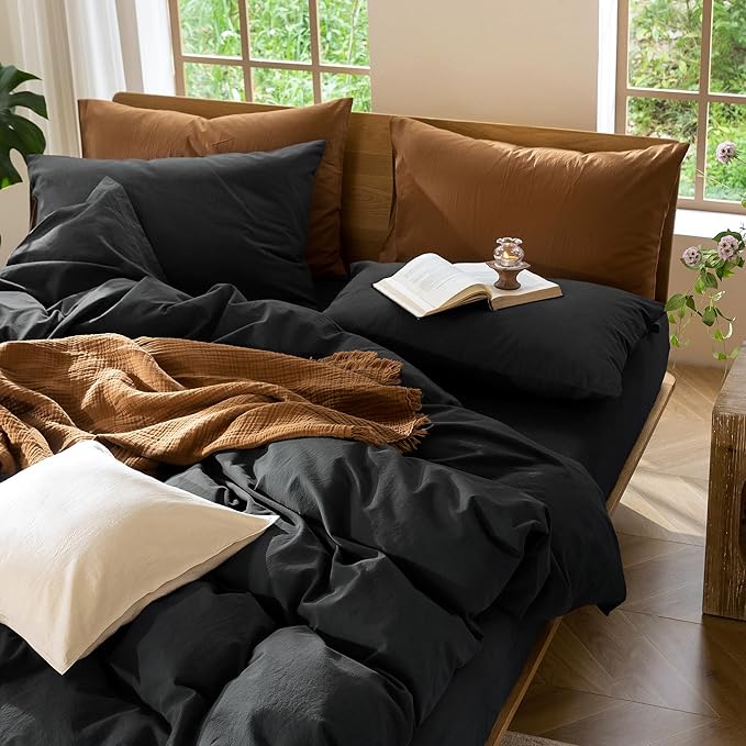 MooMee Bedding Duvet Cover Set 100% Washed Cotton Linen Like Textured Breathable Durable Soft Comfy (Solid Black, Twin 68"x90")