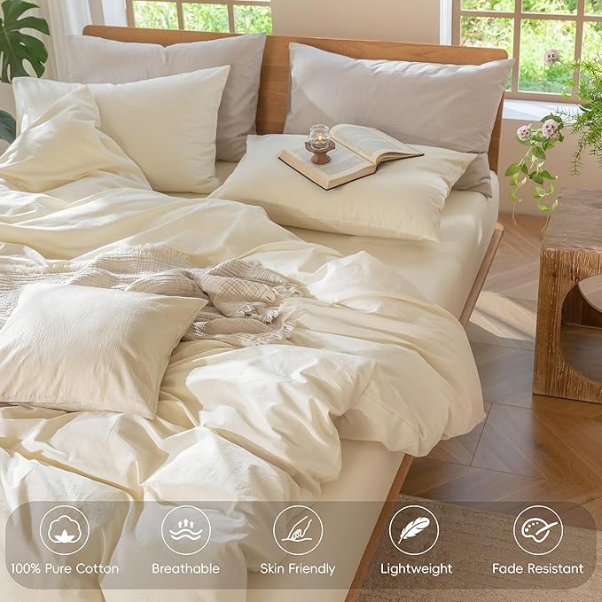 MooMee Bedding Duvet Cover Set 100% Washed Cotton Linen Like Textured Breathable Durable Soft Comfy (Solid Cream White, Oversized Queen 98"x98")