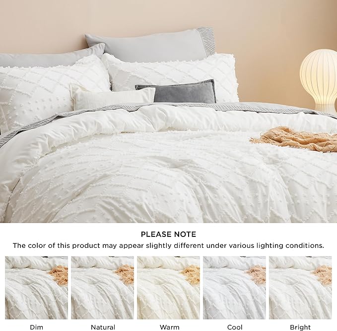 Bedsure Oversized Queen Comforter Set - Ivory Comforter, Boho Tufted Shabby Chic Bedding, 3 Pieces Vintage Farmhouse Bed Set for All Seasons, Fluffy Soft Bedding with 2 Pillow Shams