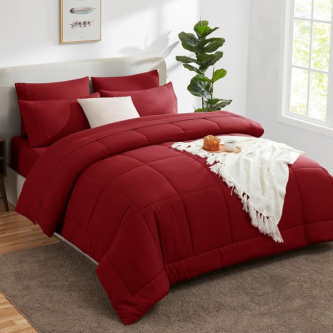 CozyLux King Size Comforter Set Dark Red, 7 Pieces Bed in a Bag, Red Comforter King Size, All Season Bedding Sets with Stitch Quilted Comforter, Flat Sheet, Fitted Sheet, Pillowcases