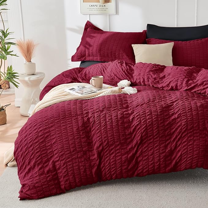 HYMOKEGE Red & Black Twin Comforter Set Seersucker 5 Pieces, All Season Luxury Bed in a Bag for Bedroom, Bedding Set with Comforters, Sheets, Pillowcase & Sham