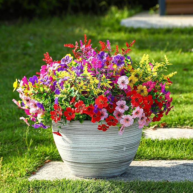SHareconn 24 Bundles Artificial Flowers for Outdoors Decoration, Faux Plants Fake Silk Colorful Daisy Eucalyptus Lavender, UV Resistant for Outside Home Porch Patio Indoor Spring Decor, Mix 5 Colors