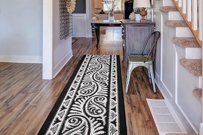 Custom Length Cut to Size Tribal Ethnic Southwestern Inspired Hallway Runner Rug, Non Slip Rubber Backed, 31 inch Wide X Customized Length, Mayan Black, 31 inch X 20 feet