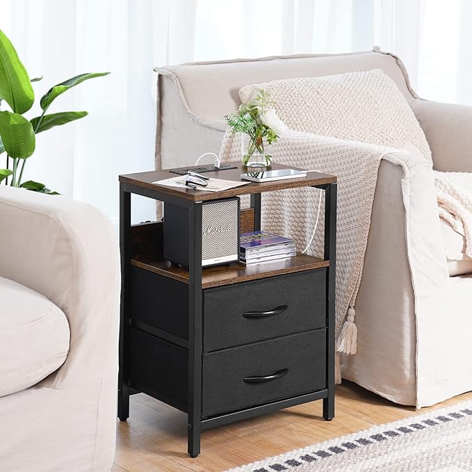 Yoobure Nightstand with Charging Station, Small Night Stand with Fabric Drawers and Storage Shelf for Bedrooms, Nightstands for Small Spaces, Bedside Table with USB Ports & Outlets, Bed Side Table