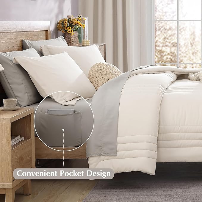 Monbix King Size Comforter Set - 7 Pieces Bed in a Bag King, Snow White Bedding Sets with Comforter, All Seasons Down Alternative Comforter Bed Set with Sheets, Pillowcases & Shams