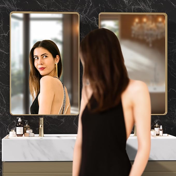 Hasipu 2 PCS Bathroom Mirror for Wall, 36 x 30 Inch Gold Metal Framed Bathroom Mirrors for Over Sink, Rectangle Bathroom Vanity Mirror, Anti-Rust, Tempered Glass, Horizontal or Vertical