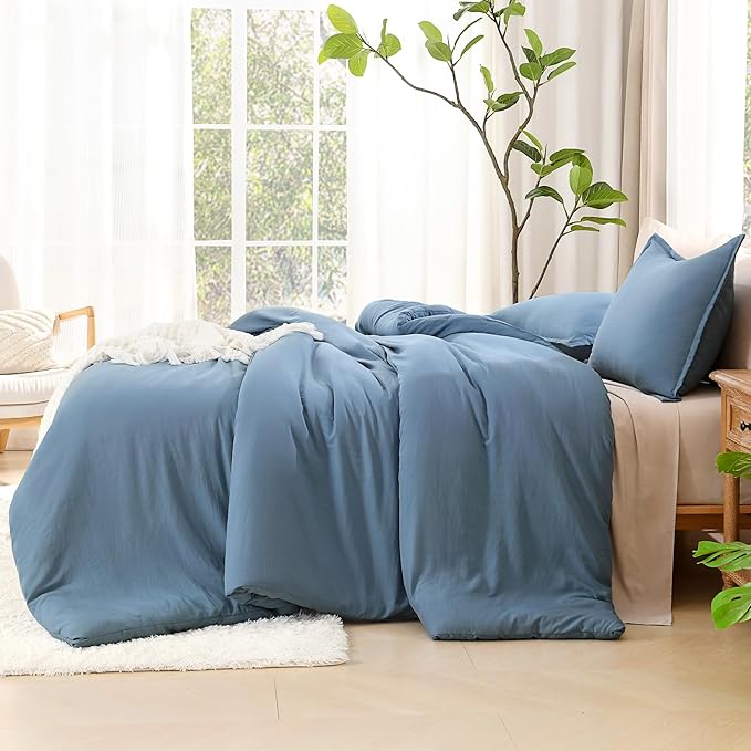 Litanika Comforters Grayish Blue Oversized Queen Size, 3 Pieces Lightweight Solid Bedding Comforter Set, All Season Fluffy Bed Set (98x98In Comforter & 2 Pillowcases)