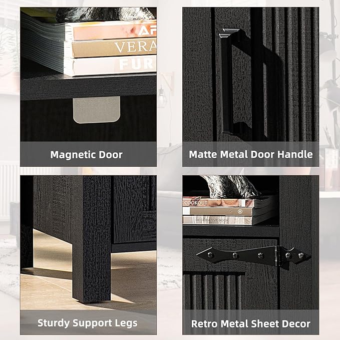 Night Stand Set of 2, 18 Inch Farmhouse Nightstand with with Charging Station and USB Port, Rustic Couch End Table with Magnetic Door, Wood Bed Side Tables for Bedroom, Home, Black