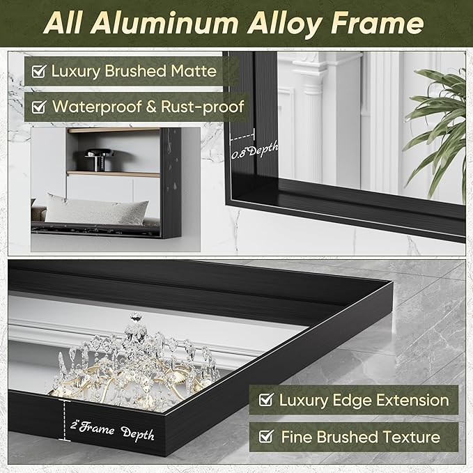 Suidia Bathroom Mirror, 60" x 40" Wall Mirror Metal Framed, Bathroom Vanity Mirror for Living Room Bedroom Bathroom Entryway, Black, Rect Corner Style