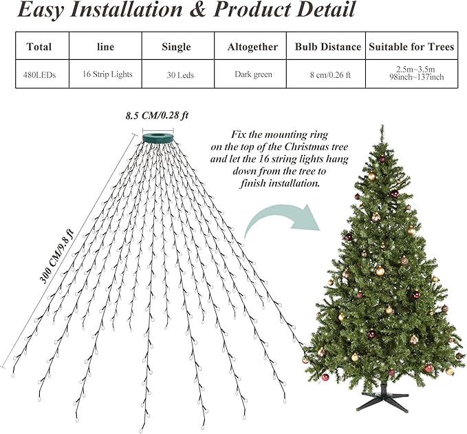 Christmas String Lights for Tree, Christmas Tree Lights 480 LEDs with Memory Function & 8 Lighting Modes, 9.84FT x 16 Lines Fairy Light with Remote & Timer for Christmas Tree Decorations - Cold White